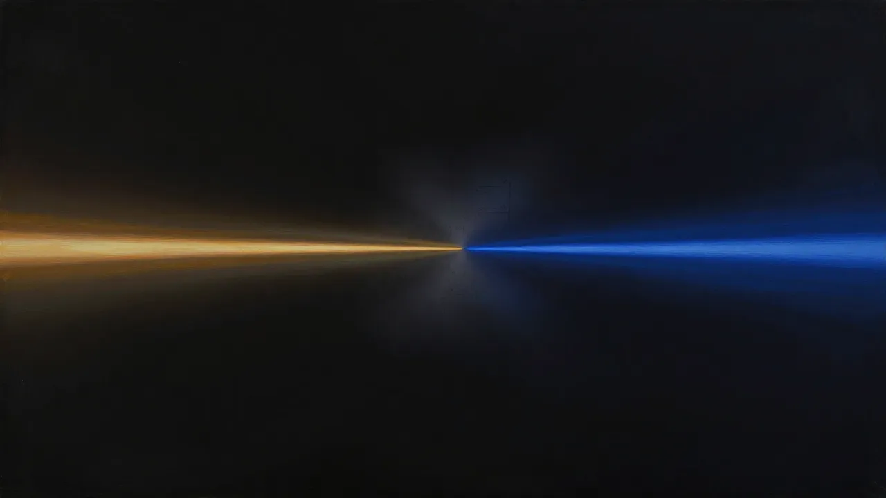 Two beams of light — warm amber and cool blue — converging toward a point where they almost meet, surrounded by darkness. A hazy glow at the threshold.